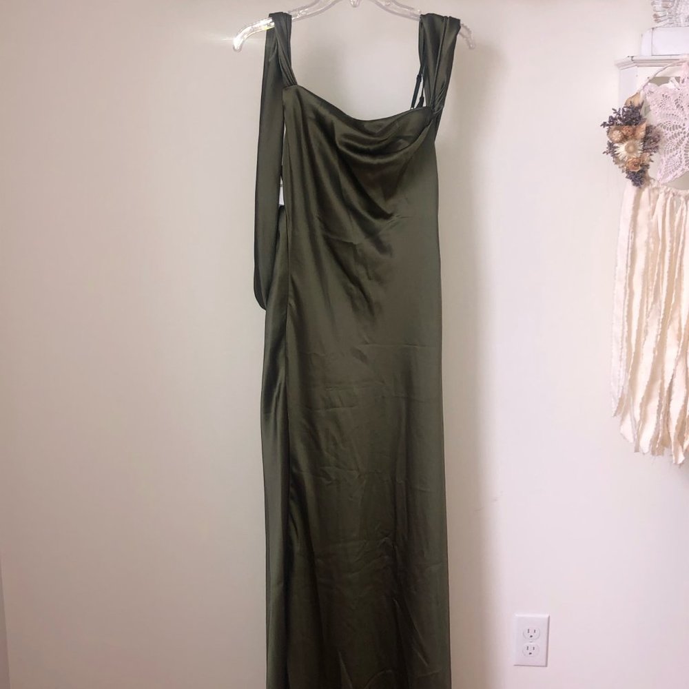 Fame & Partners Green Draped Off Shoulder Dress